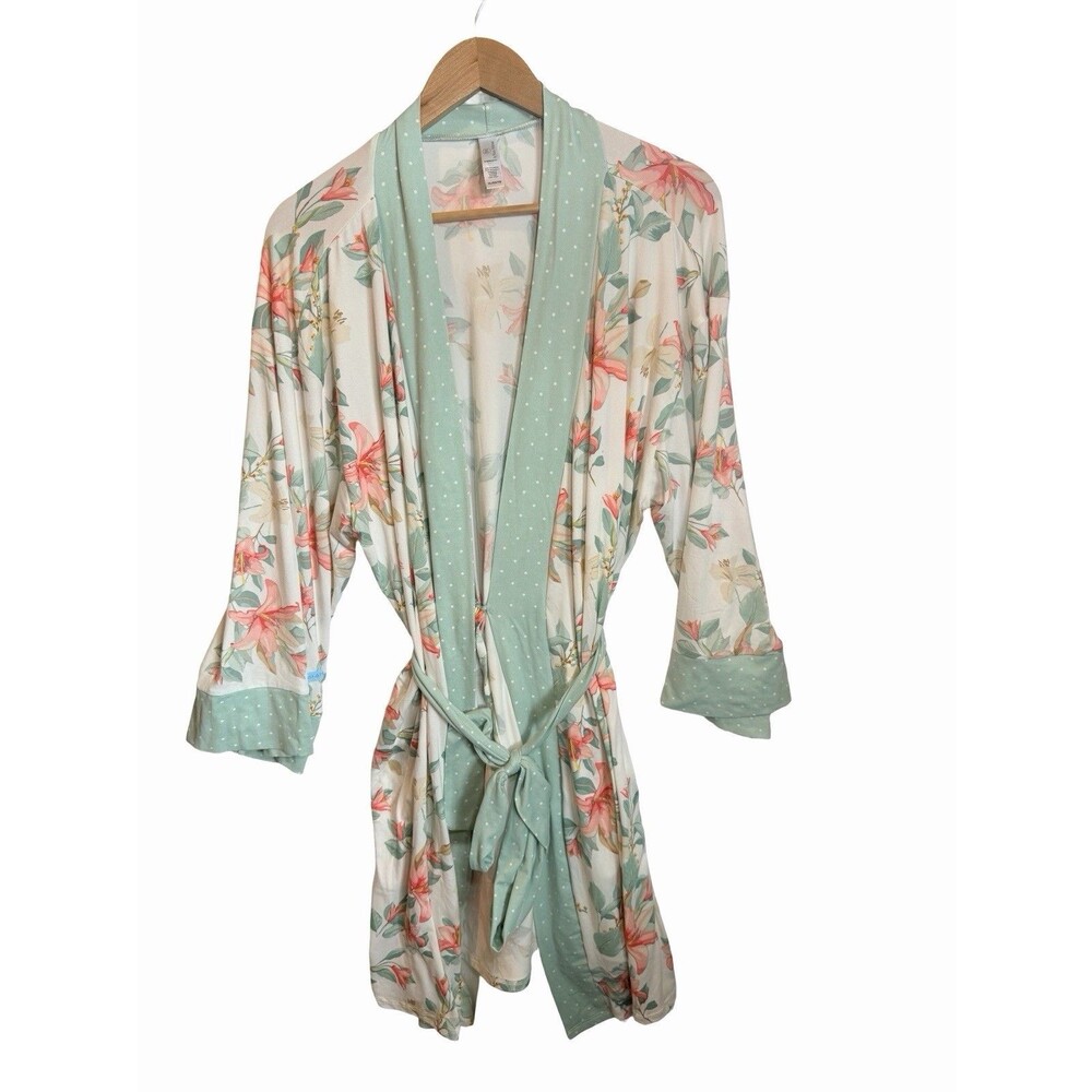 FN by Flora Nikrooz Wrap Robe Women's XL Green Floral Short SOFT! Loungewear